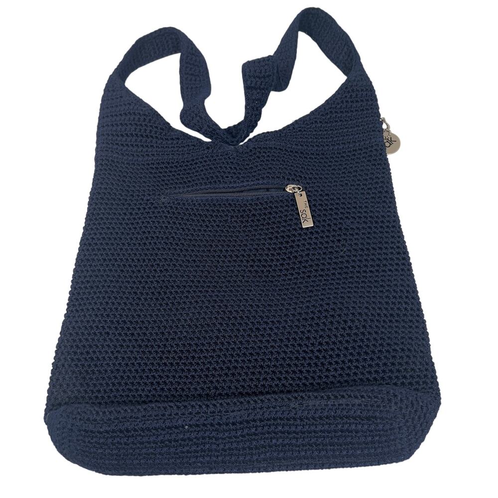 The Sak Navy Blue Crochet Shoulder Bag Woven Knit Texture V-Shape Snap Opening